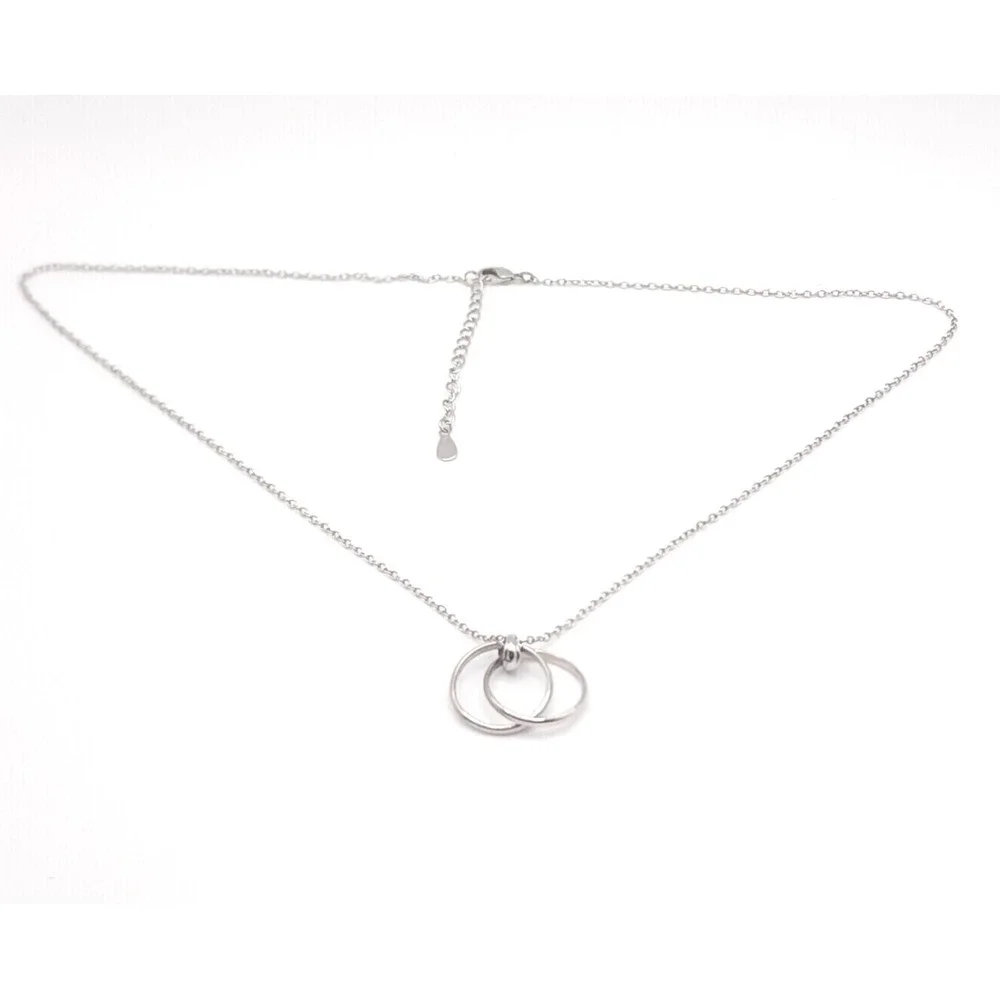 Silver‎ Tone Double Ring Pendant Necklace – 18″ Adjustable Lobster Clasp Rolo